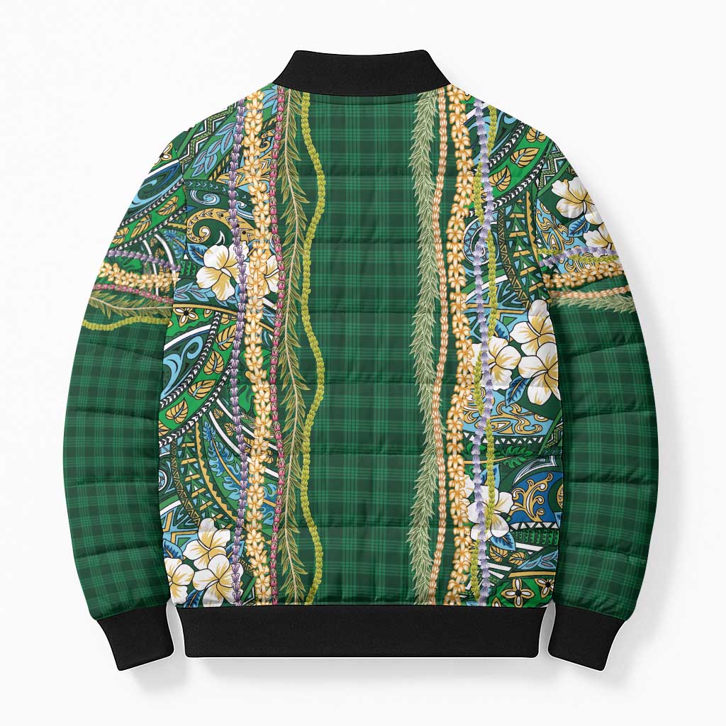 Hawaiian Art Flower Tribal with Lei Bomber Puffer Jacket Palaka Pattern Green Color - Polynesian Pride