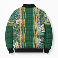 Hawaiian Art Flower Tribal with Lei Bomber Puffer Jacket Palaka Pattern Green Color - Polynesian Pride