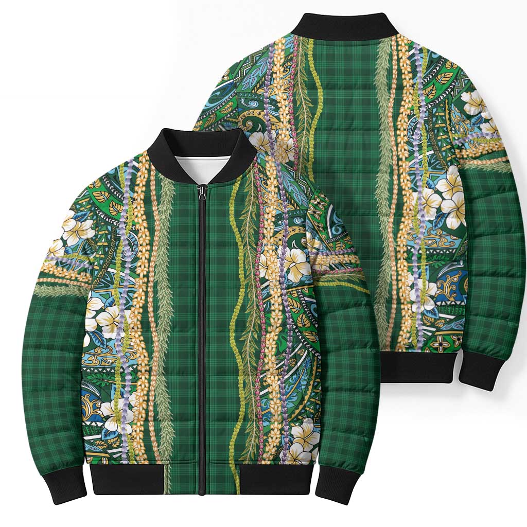 Hawaiian Art Flower Tribal with Lei Bomber Puffer Jacket Palaka Pattern Green Color - Polynesian Pride