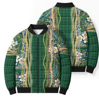Hawaiian Art Flower Tribal with Lei Bomber Puffer Jacket Palaka Pattern Green Color - Polynesian Pride