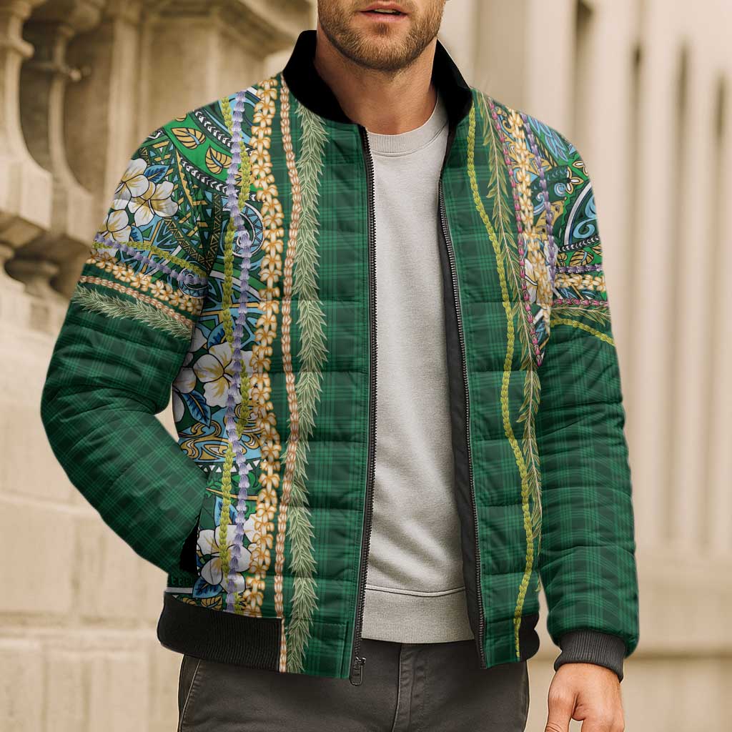 Hawaiian Art Flower Tribal with Lei Bomber Puffer Jacket Palaka Pattern Green Color - Polynesian Pride