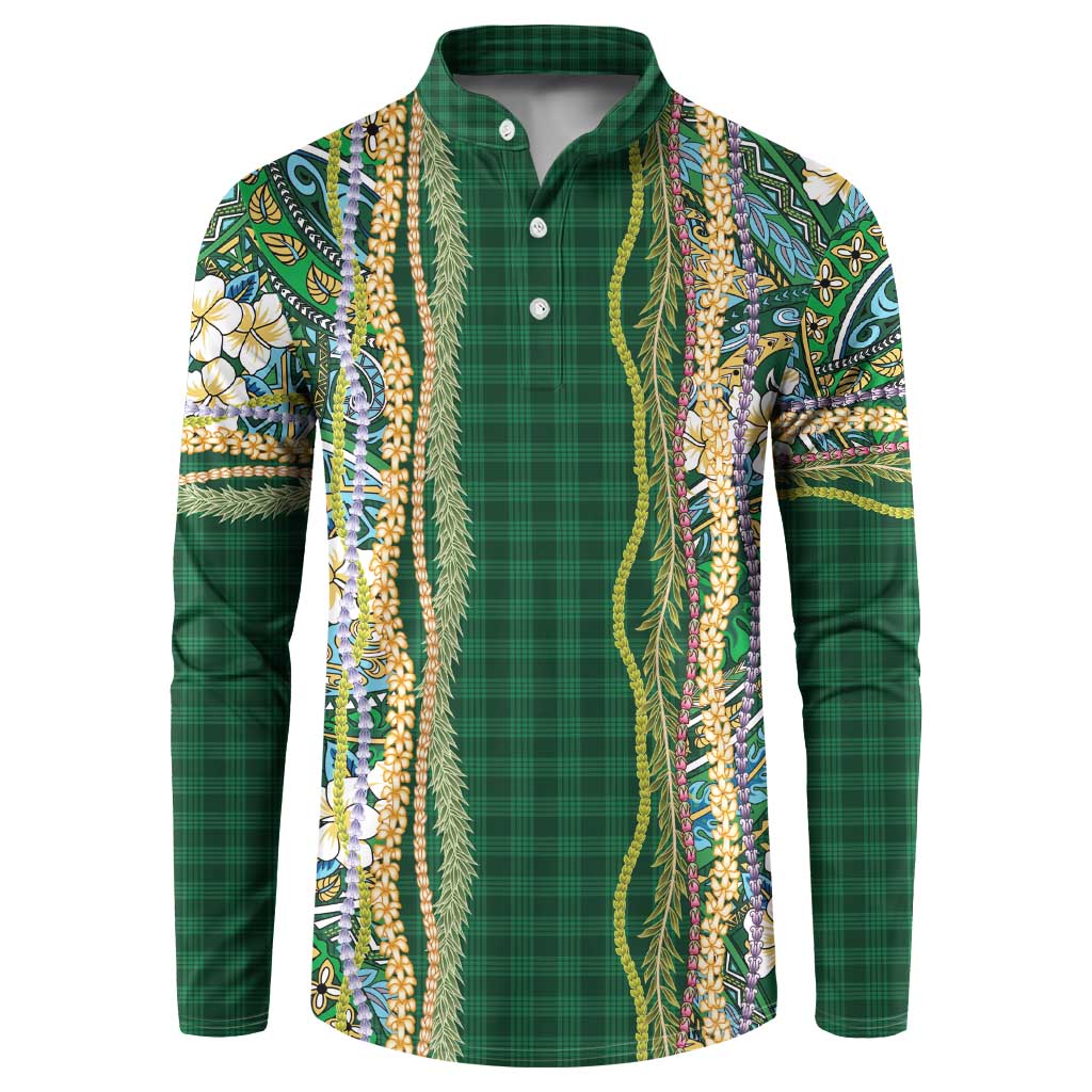 Hawaiian Art Flower Tribal with Lei Button Sweatshirt Palaka Pattern Green Color - Polynesian Pride
