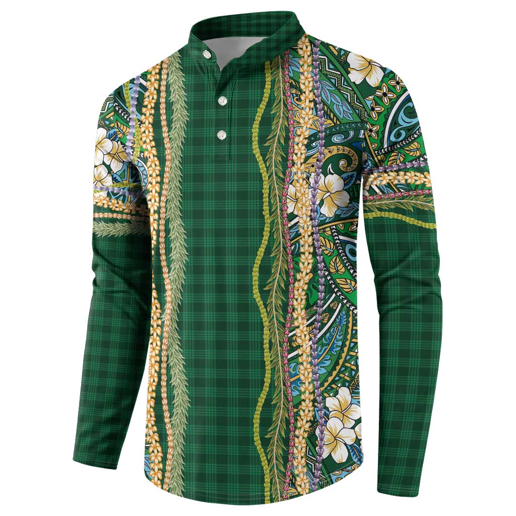 Hawaiian Art Flower Tribal with Lei Button Sweatshirt Palaka Pattern Green Color - Polynesian Pride