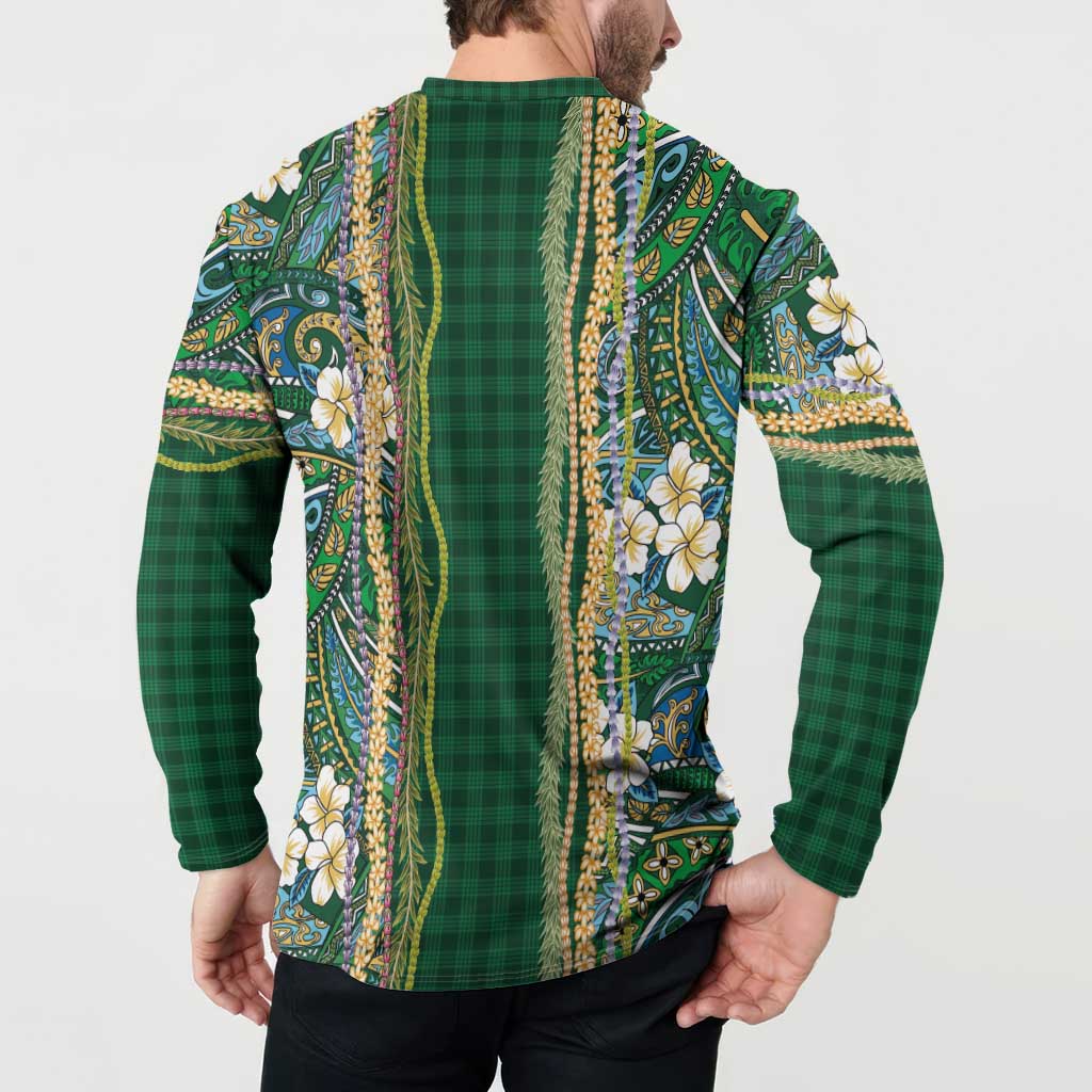 Hawaiian Art Flower Tribal with Lei Button Sweatshirt Palaka Pattern Green Color - Polynesian Pride