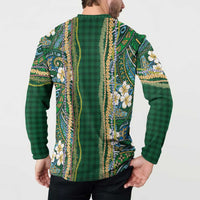 Hawaiian Art Flower Tribal with Lei Button Sweatshirt Palaka Pattern Green Color - Polynesian Pride