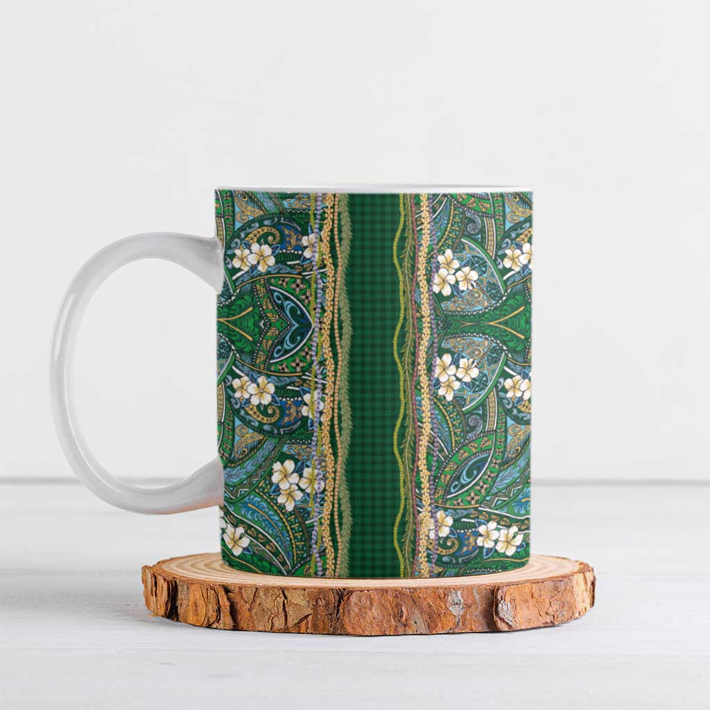 Hawaiian Art Flower Tribal with Lei Ceramic Mug Palaka Pattern Green Color - Polynesian Pride