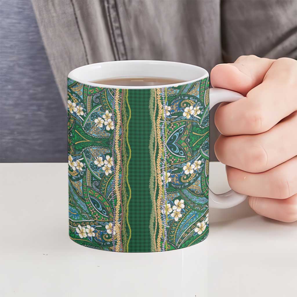 Hawaiian Art Flower Tribal with Lei Ceramic Mug Palaka Pattern Green Color - Polynesian Pride