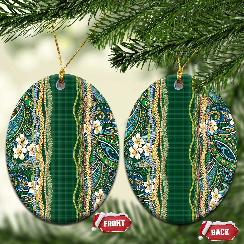 Hawaiian Art Flower Tribal with Lei Ceramic Ornament Palaka Pattern Green Color - Polynesian Pride