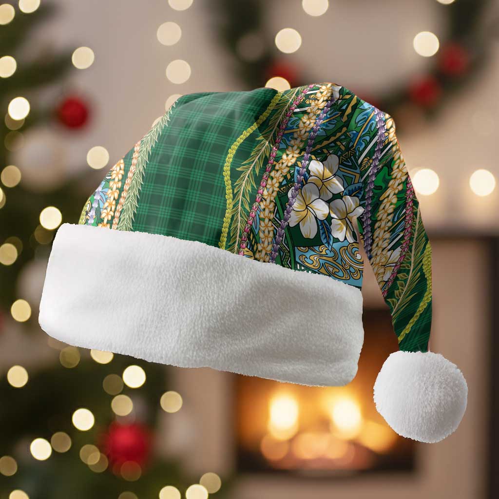 Hawaiian Art Flower Tribal with Lei Christmas Santa Hat Palaka Pattern Green Color - Polynesian Pride