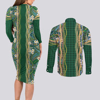 Hawaiian Art Flower Tribal with Lei Couples Matching Long Sleeve Bodycon Dress and Long Sleeve Button Shirt Palaka Pattern Green Color - Polynesian Pride