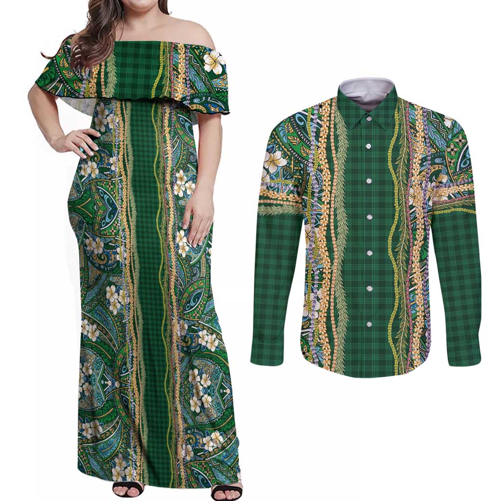 Hawaiian Art Flower Tribal with Lei Couples Matching Off Shoulder Maxi Dress and Long Sleeve Button Shirt Palaka Pattern Green Color - Polynesian Pride