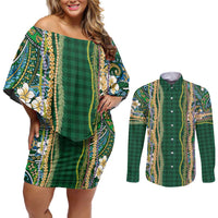 Hawaiian Art Flower Tribal with Lei Couples Matching Off Shoulder Short Dress and Long Sleeve Button Shirt Palaka Pattern Green Color - Polynesian Pride