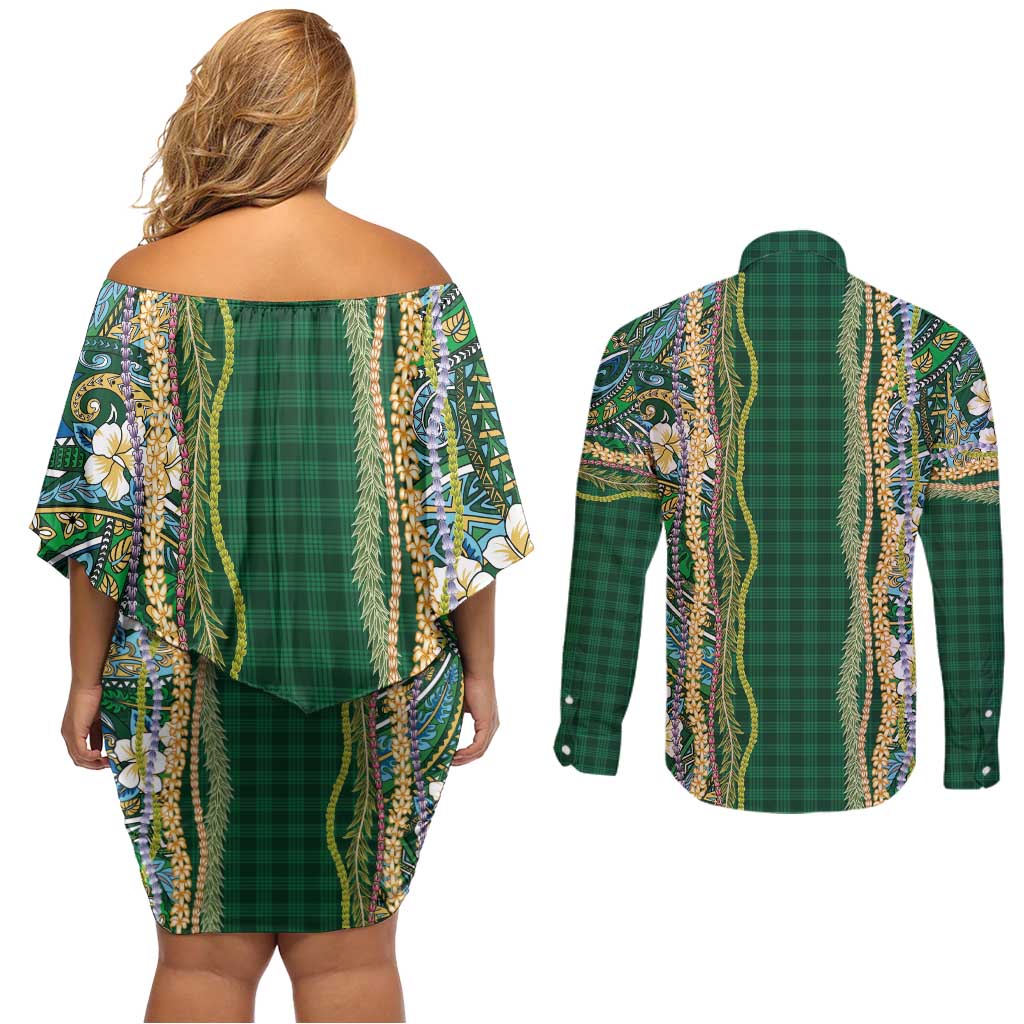 Hawaiian Art Flower Tribal with Lei Couples Matching Off Shoulder Short Dress and Long Sleeve Button Shirt Palaka Pattern Green Color - Polynesian Pride