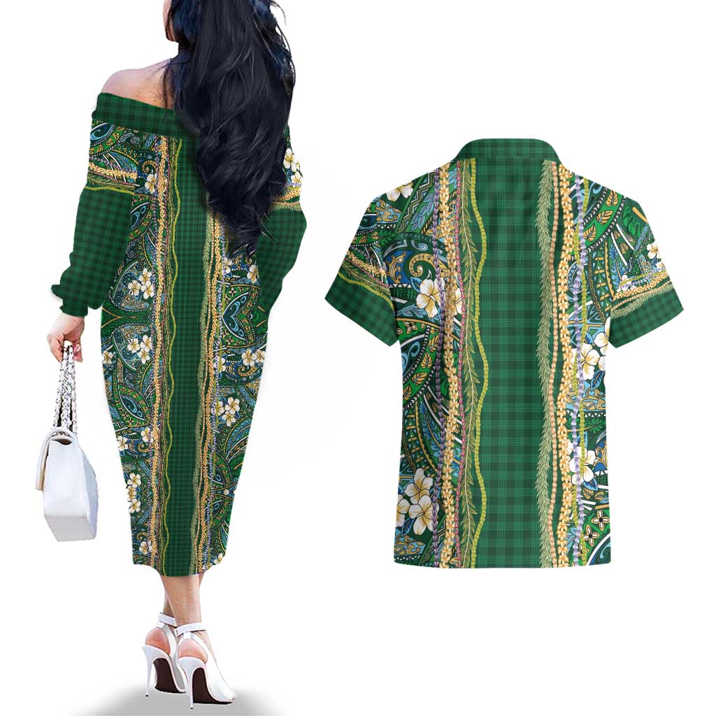 Hawaiian Art Flower Tribal with Lei Couples Matching Off The Shoulder Long Sleeve Dress and Hawaiian Shirt Palaka Pattern Green Color - Polynesian Pride