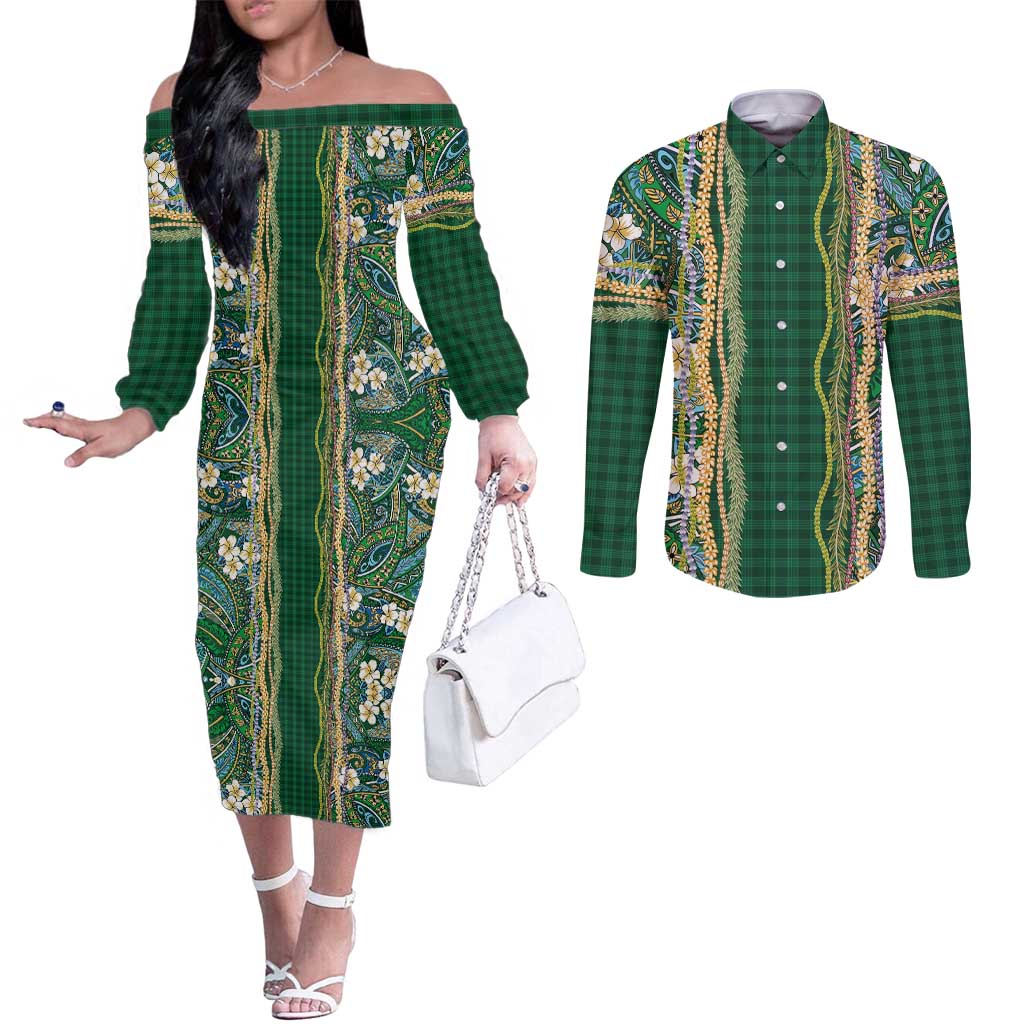 Hawaiian Art Flower Tribal with Lei Couples Matching Off The Shoulder Long Sleeve Dress and Long Sleeve Button Shirt Palaka Pattern Green Color - Polynesian Pride