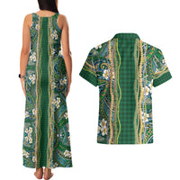 Hawaiian Art Flower Tribal with Lei Couples Matching Tank Maxi Dress and Hawaiian Shirt Palaka Pattern Green Color - Polynesian Pride