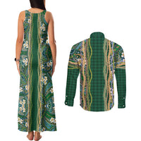 Hawaiian Art Flower Tribal with Lei Couples Matching Tank Maxi Dress and Long Sleeve Button Shirt Palaka Pattern Green Color - Polynesian Pride