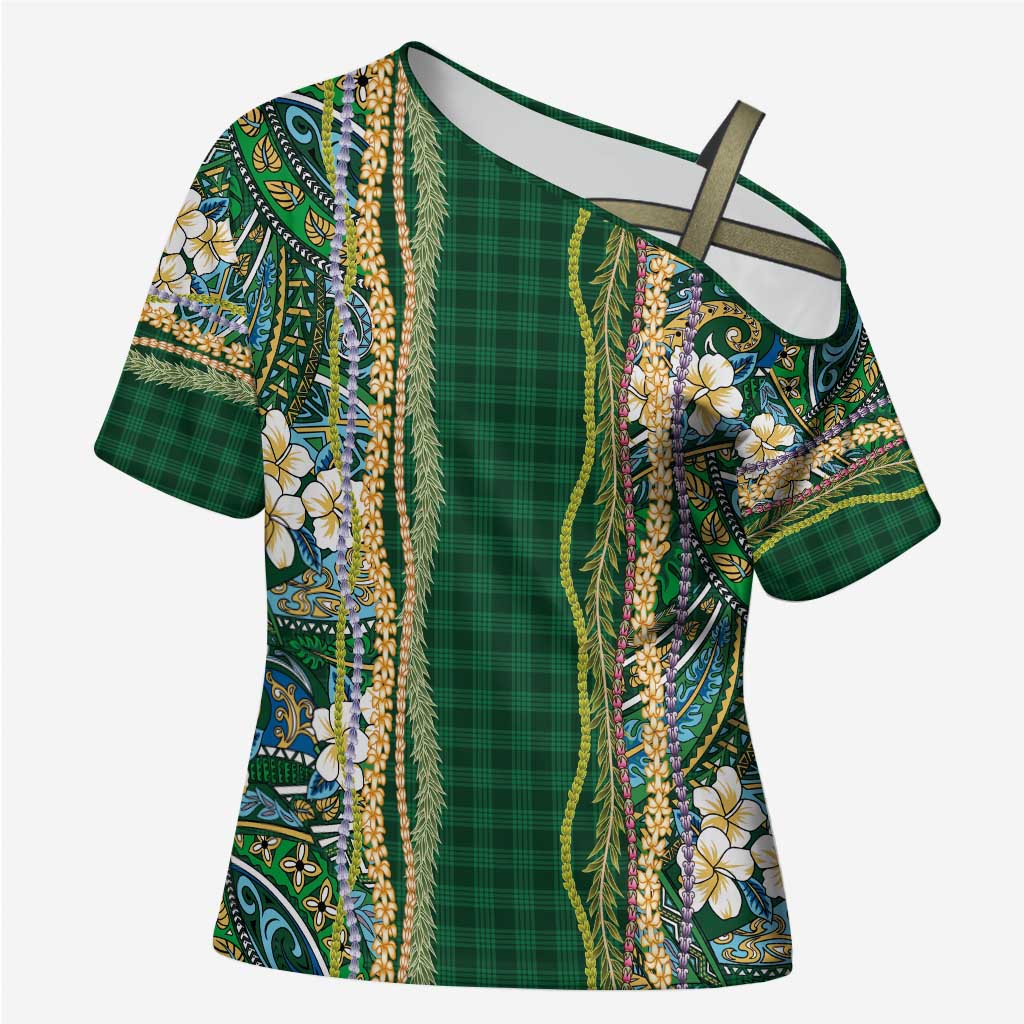 Hawaiian Art Flower Tribal with Lei Cross Shoulder Shirt Palaka Pattern Green Color - Polynesian Pride