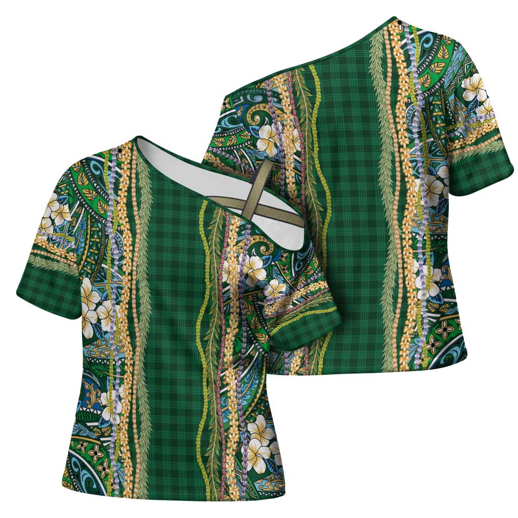 Hawaiian Art Flower Tribal with Lei Cross Shoulder Shirt Palaka Pattern Green Color - Polynesian Pride