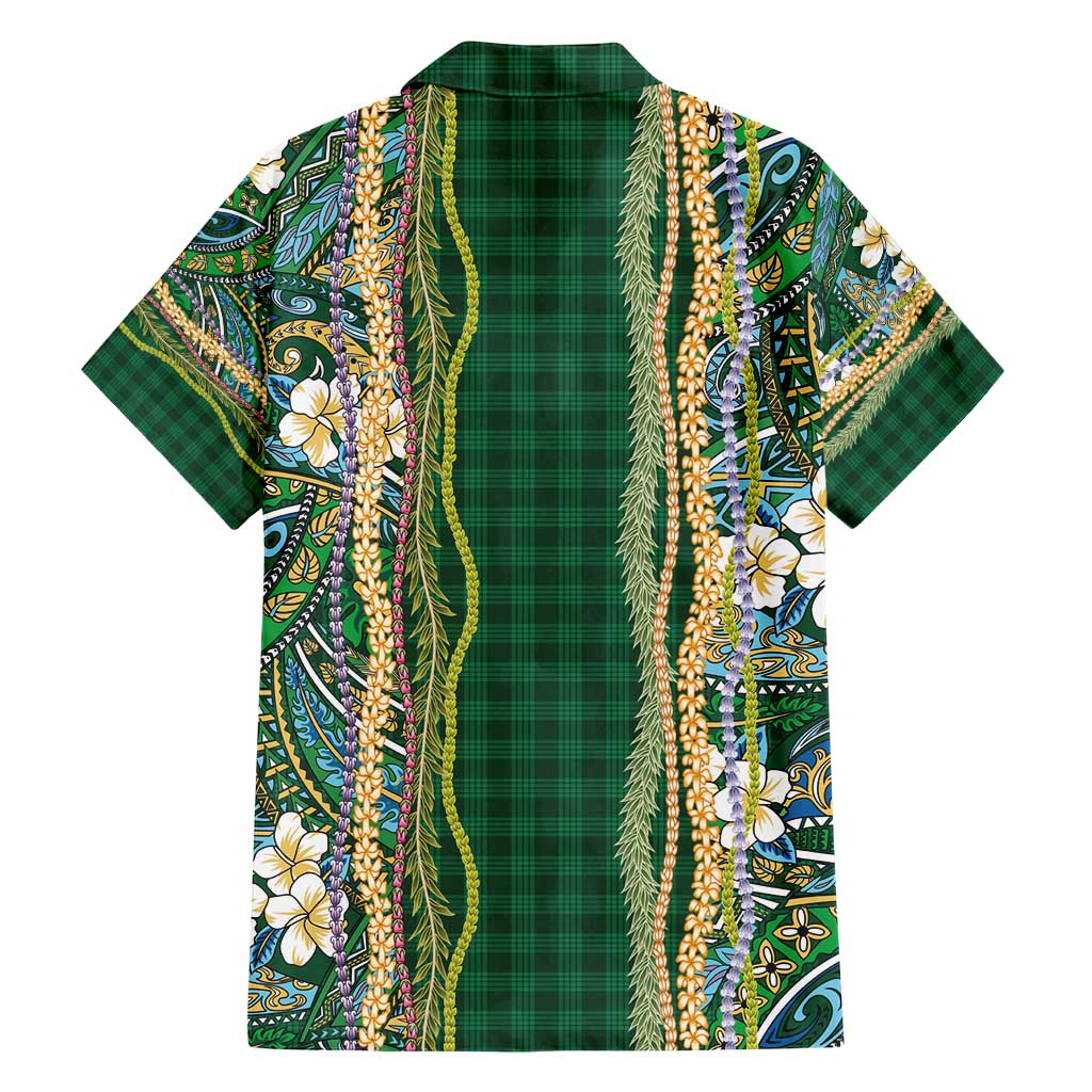 Hawaiian Art Flower Tribal with Lei Family Matching Long Sleeve Bodycon Dress and Hawaiian Shirt Palaka Pattern Green Color - Polynesian Pride