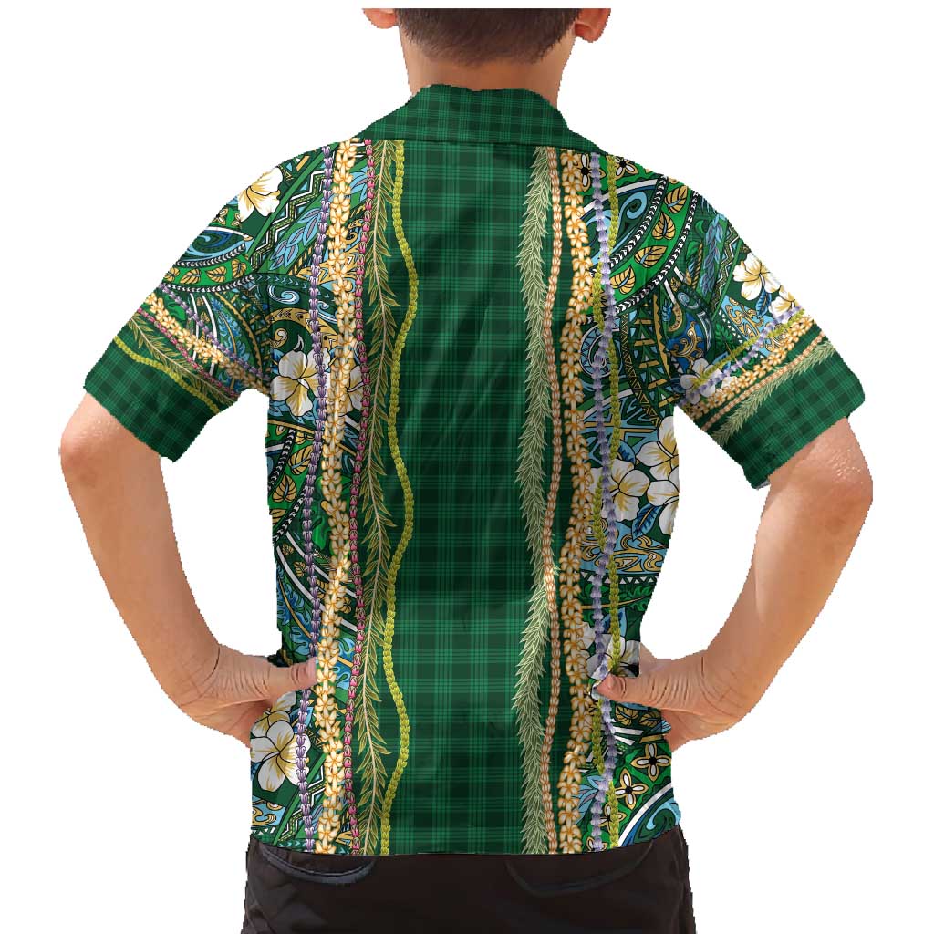 Hawaiian Art Flower Tribal with Lei Family Matching Mermaid Dress and Hawaiian Shirt Palaka Pattern Green Color - Polynesian Pride