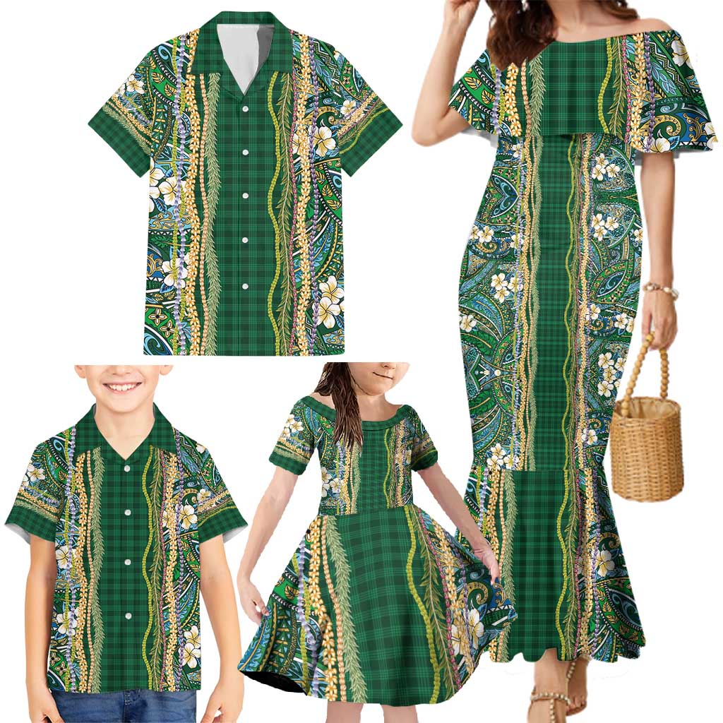 Hawaiian Art Flower Tribal with Lei Family Matching Mermaid Dress and Hawaiian Shirt Palaka Pattern Green Color - Polynesian Pride