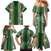 Hawaiian Art Flower Tribal with Lei Family Matching Mermaid Dress and Hawaiian Shirt Palaka Pattern Green Color - Polynesian Pride
