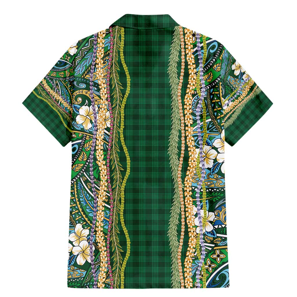 Hawaiian Art Flower Tribal with Lei Family Matching Mermaid Dress and Hawaiian Shirt Palaka Pattern Green Color - Polynesian Pride