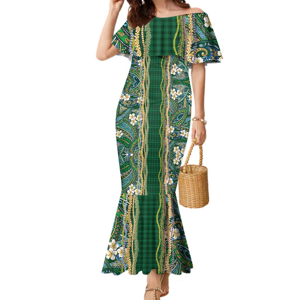 Hawaiian Art Flower Tribal with Lei Family Matching Mermaid Dress and Hawaiian Shirt Palaka Pattern Green Color - Polynesian Pride