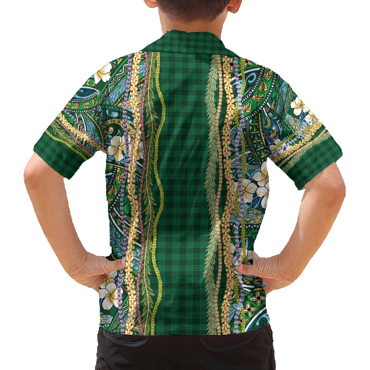 Hawaiian Art Flower Tribal with Lei Family Matching Off The Shoulder Long Sleeve Dress and Hawaiian Shirt Palaka Pattern Green Color - Polynesian Pride