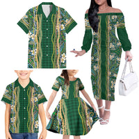 Hawaiian Art Flower Tribal with Lei Family Matching Off The Shoulder Long Sleeve Dress and Hawaiian Shirt Palaka Pattern Green Color - Polynesian Pride