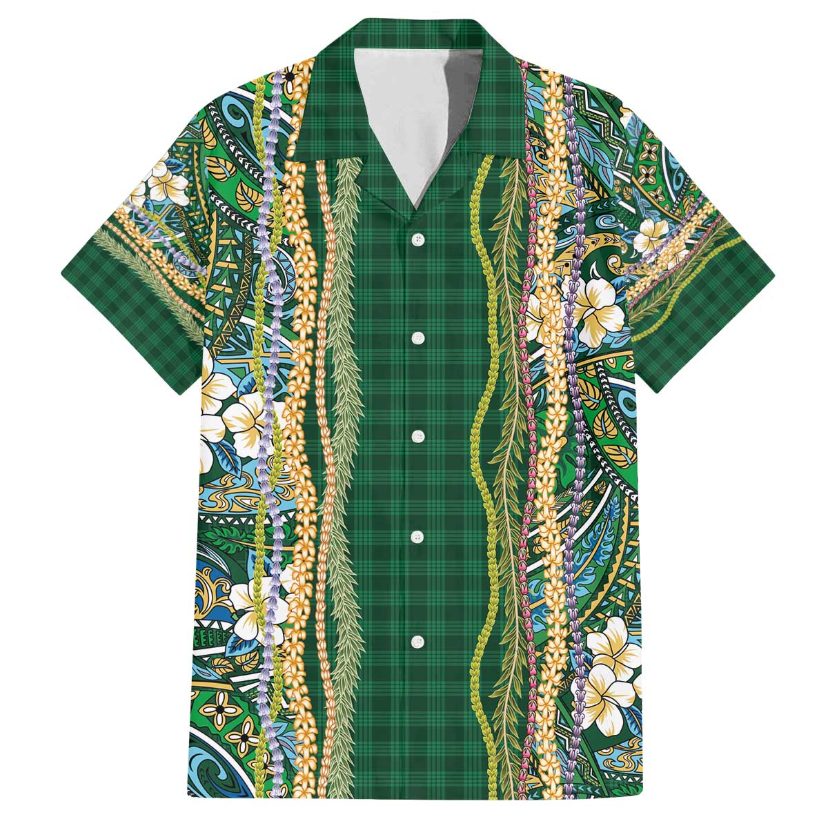 Hawaiian Art Flower Tribal with Lei Family Matching Off The Shoulder Long Sleeve Dress and Hawaiian Shirt Palaka Pattern Green Color - Polynesian Pride