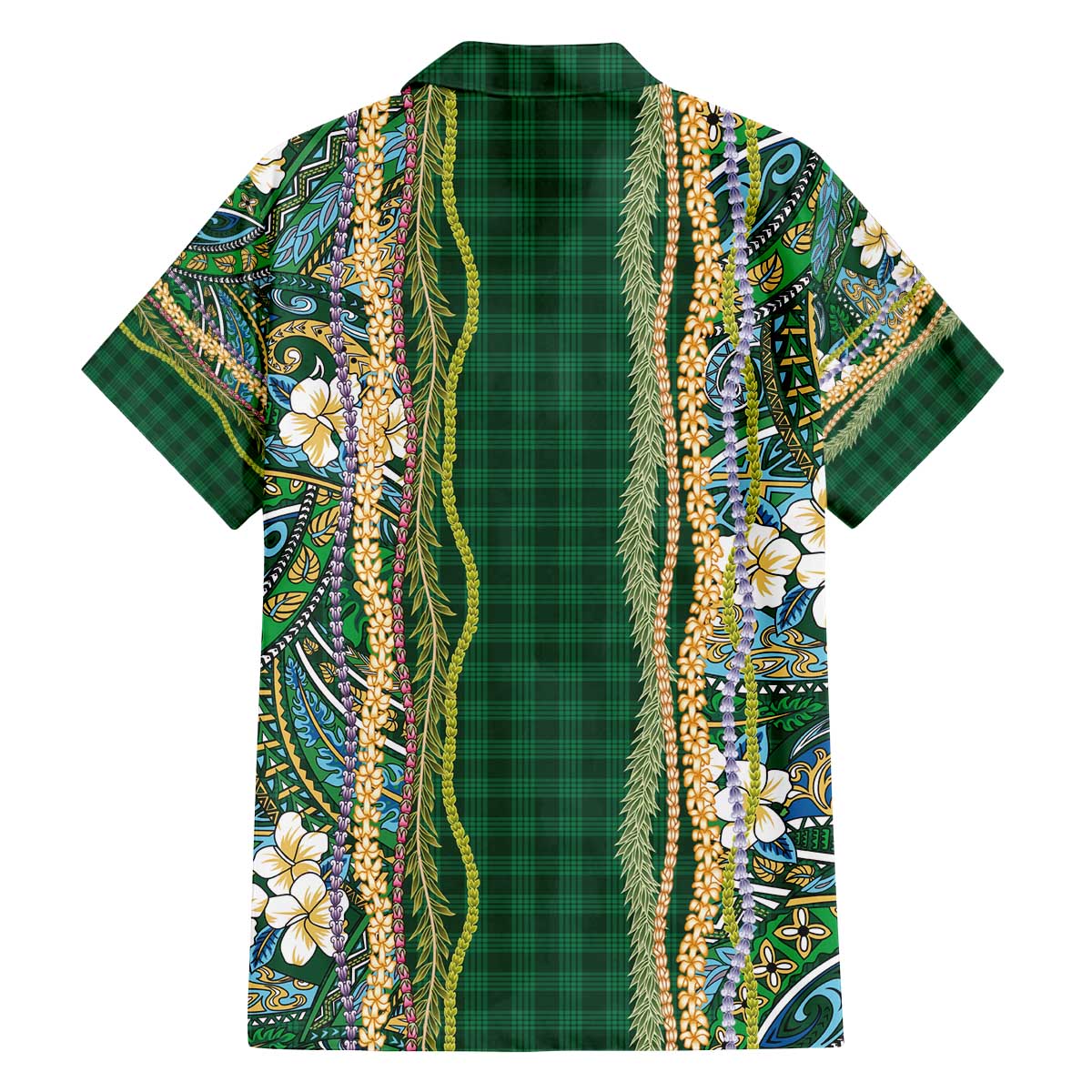 Hawaiian Art Flower Tribal with Lei Family Matching Off The Shoulder Long Sleeve Dress and Hawaiian Shirt Palaka Pattern Green Color - Polynesian Pride
