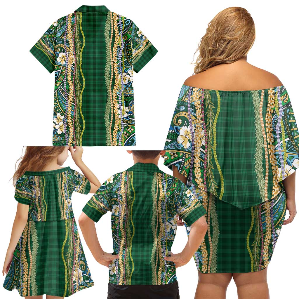 Hawaiian Art Flower Tribal with Lei Family Matching Off Shoulder Short Dress and Hawaiian Shirt Palaka Pattern Green Color - Polynesian Pride