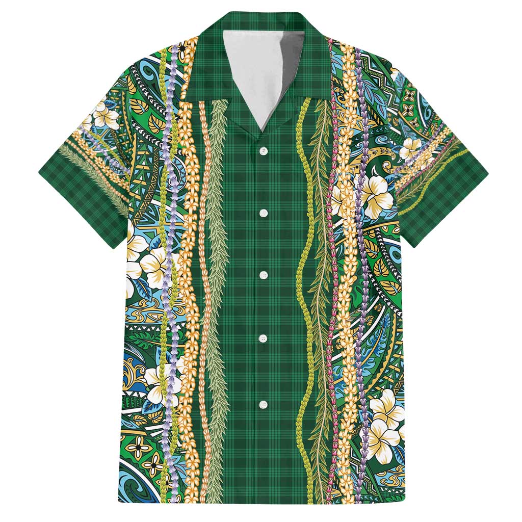 Hawaiian Art Flower Tribal with Lei Family Matching Puletasi and Hawaiian Shirt Palaka Pattern Green Color - Polynesian Pride