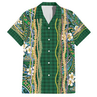 Hawaiian Art Flower Tribal with Lei Family Matching Puletasi and Hawaiian Shirt Palaka Pattern Green Color - Polynesian Pride