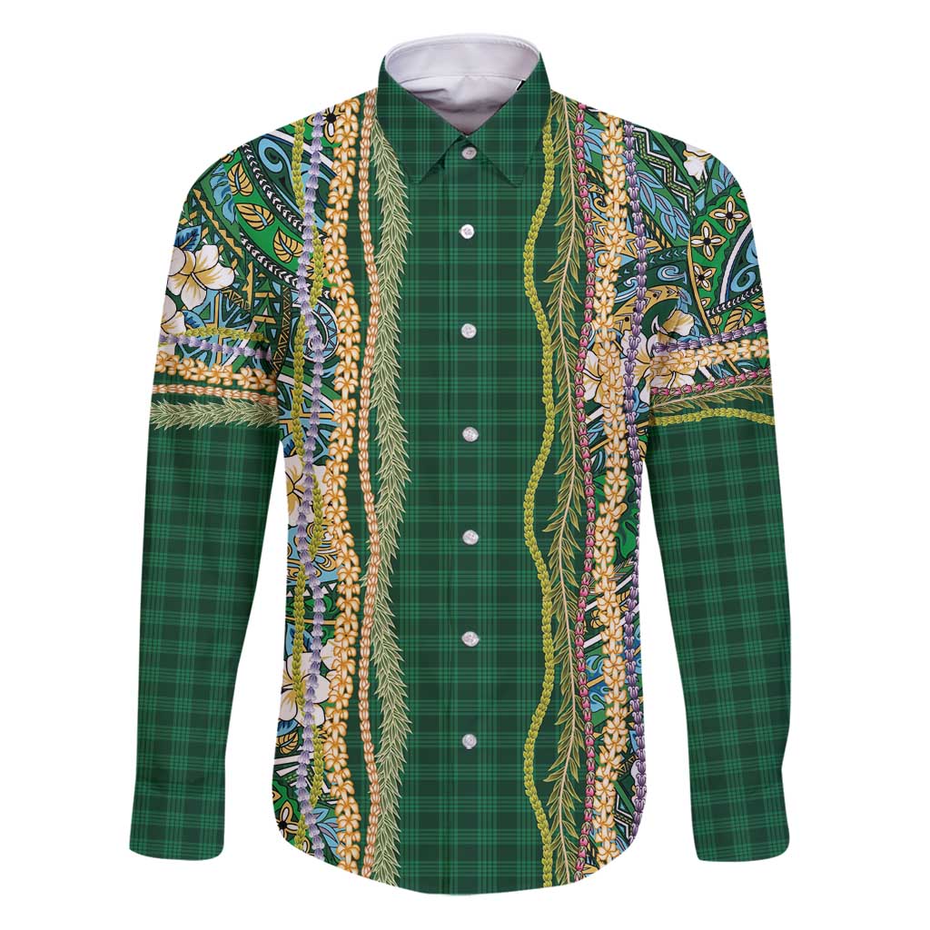 Hawaiian Art Flower Tribal with Lei Family Matching Puletasi and Hawaiian Shirt Palaka Pattern Green Color - Polynesian Pride