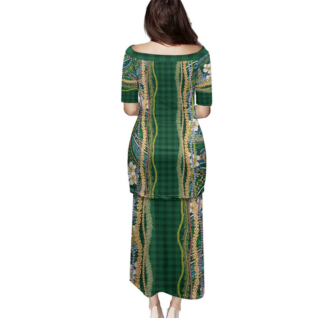 Hawaiian Art Flower Tribal with Lei Family Matching Puletasi and Hawaiian Shirt Palaka Pattern Green Color - Polynesian Pride