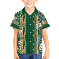 Hawaiian Art Flower Tribal with Lei Family Matching Puletasi and Hawaiian Shirt Palaka Pattern Green Color - Polynesian Pride