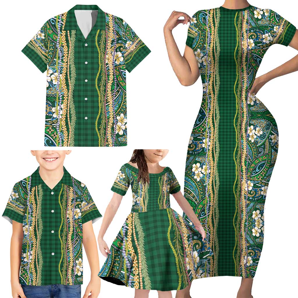 Hawaiian Art Flower Tribal with Lei Family Matching Short Sleeve Bodycon Dress and Hawaiian Shirt Palaka Pattern Green Color - Polynesian Pride