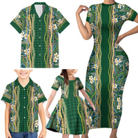 Hawaiian Art Flower Tribal with Lei Family Matching Short Sleeve Bodycon Dress and Hawaiian Shirt Palaka Pattern Green Color - Polynesian Pride