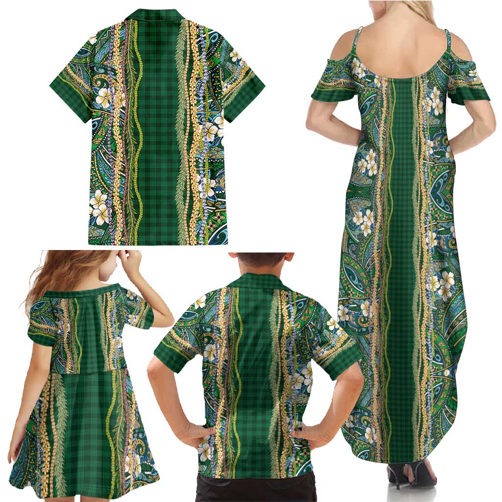 Hawaiian Art Flower Tribal with Lei Family Matching Summer Maxi Dress and Hawaiian Shirt Palaka Pattern Green Color - Polynesian Pride