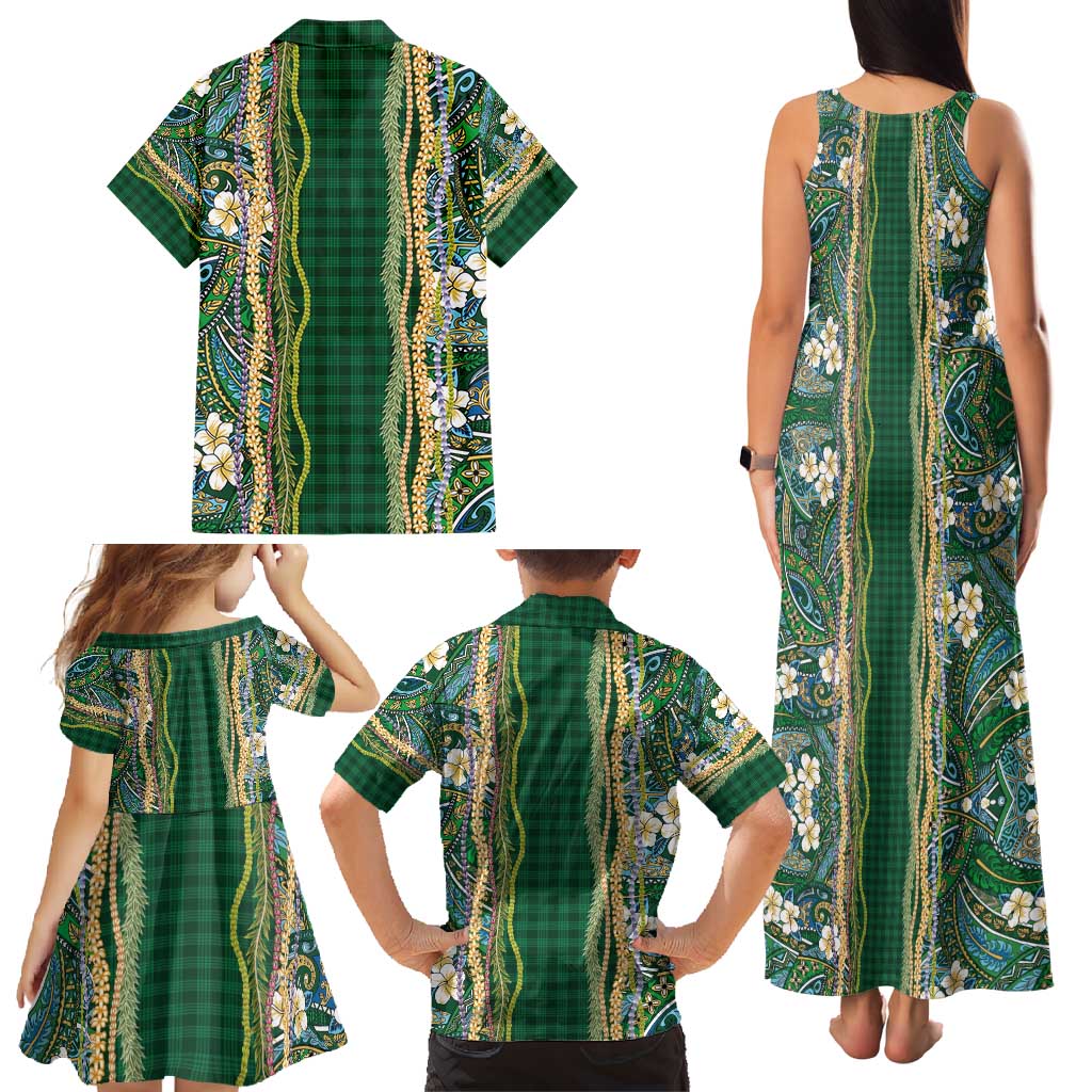 Hawaiian Art Flower Tribal with Lei Family Matching Tank Maxi Dress and Hawaiian Shirt Palaka Pattern Green Color - Polynesian Pride