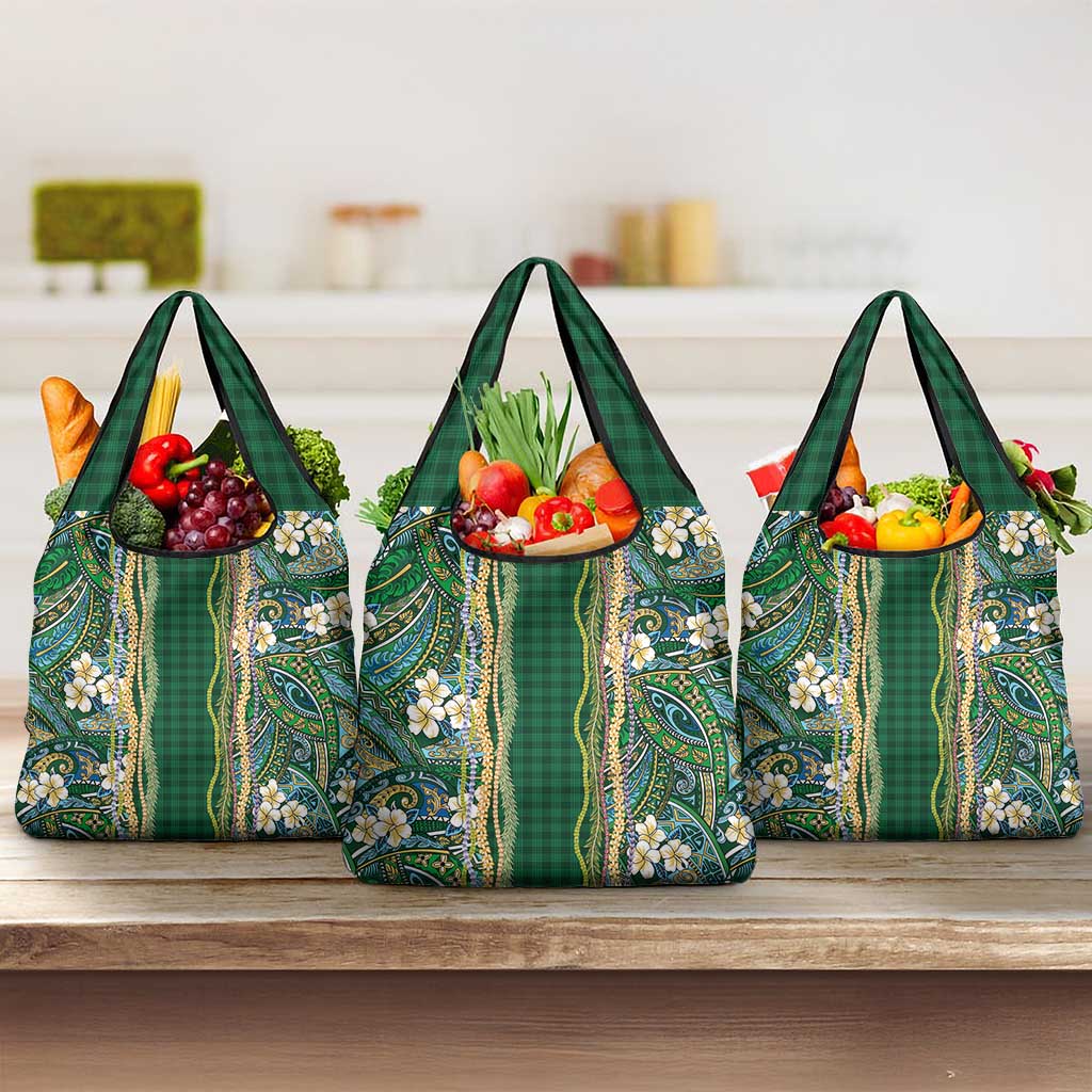 Hawaiian Art Flower Tribal with Lei Grocery Bag Palaka Pattern Green Color - Polynesian Pride