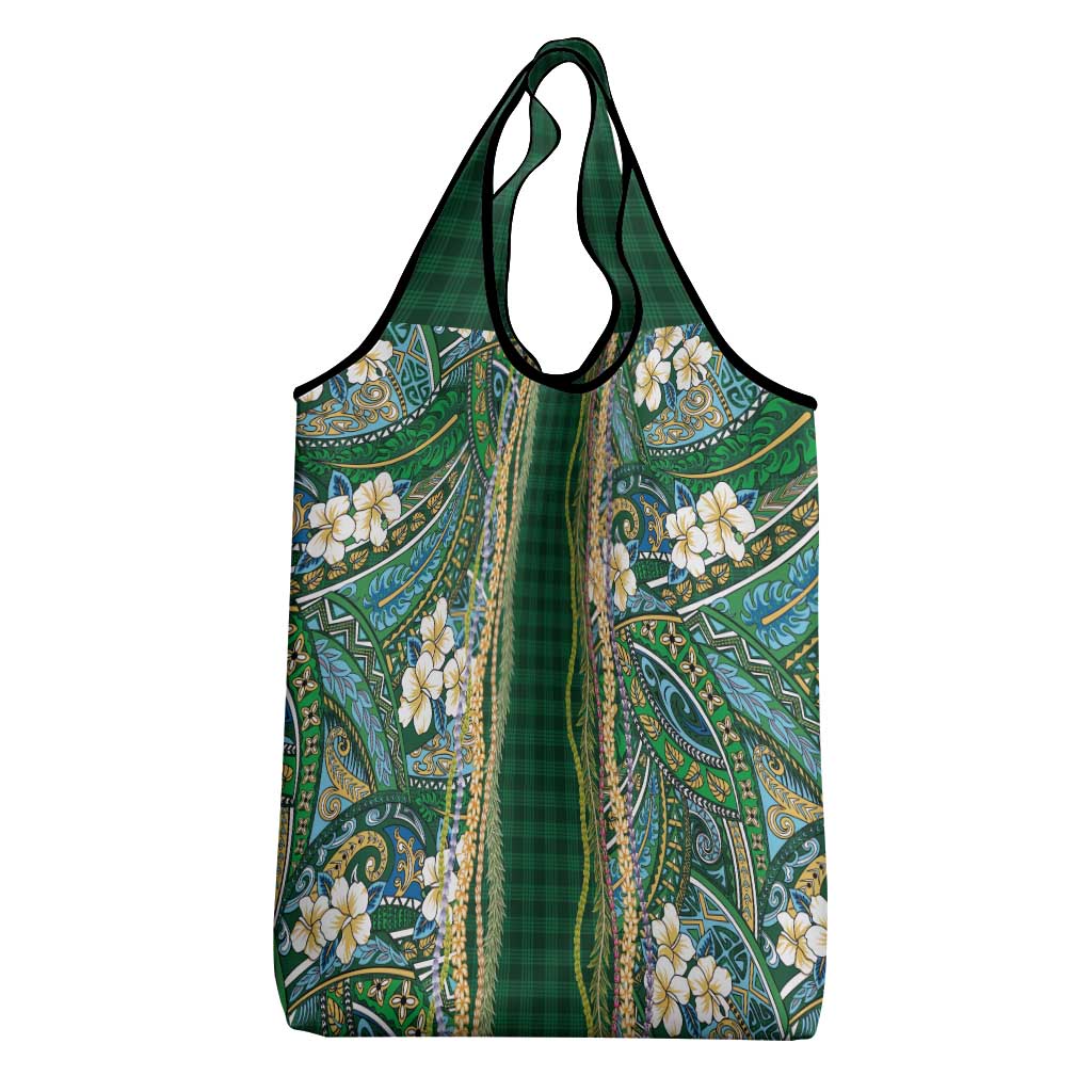 Hawaiian Art Flower Tribal with Lei Grocery Bag Palaka Pattern Green Color - Polynesian Pride