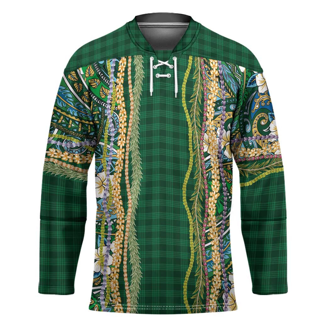 Hawaiian Art Flower Tribal with Lei Hockey Jersey Palaka Pattern Green Color - Polynesian Pride