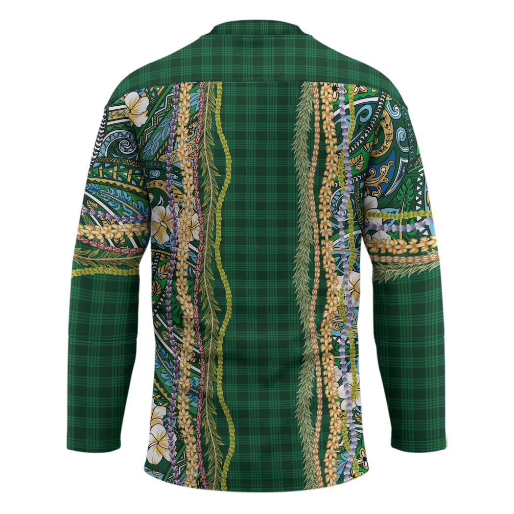 Hawaiian Art Flower Tribal with Lei Hockey Jersey Palaka Pattern Green Color - Polynesian Pride
