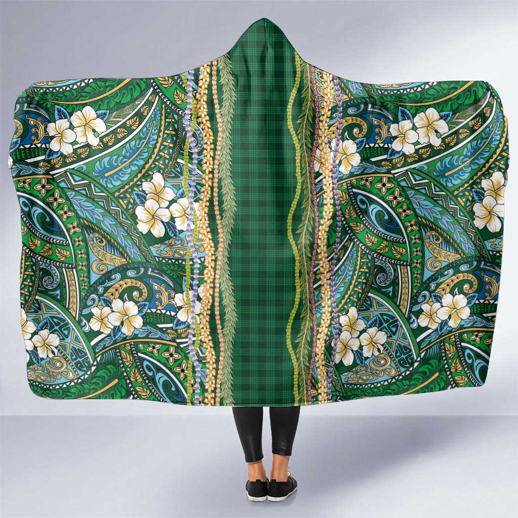 Hawaiian Art Flower Tribal with Lei Hooded Blanket Palaka Pattern Green Color - Polynesian Pride