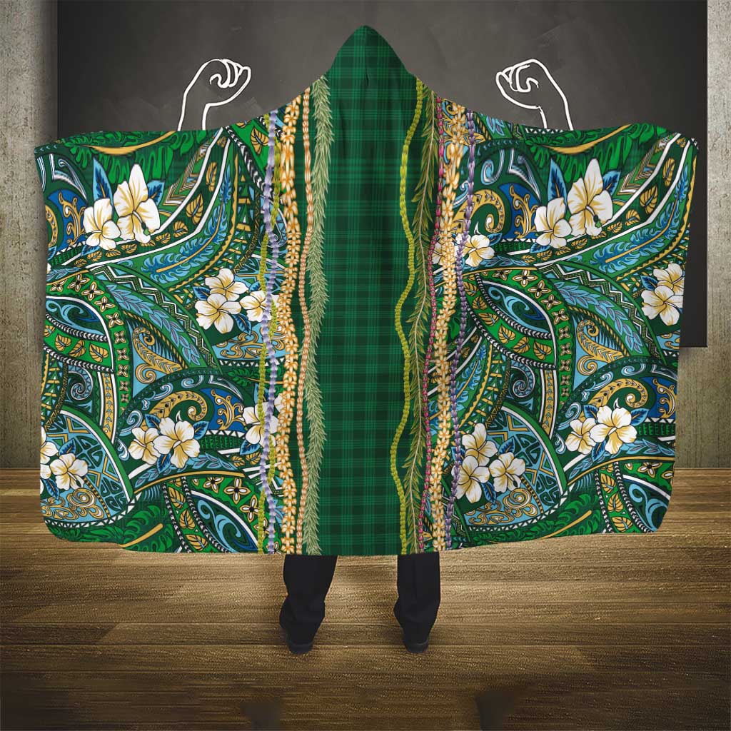 Hawaiian Art Flower Tribal with Lei Hooded Blanket Palaka Pattern Green Color - Polynesian Pride