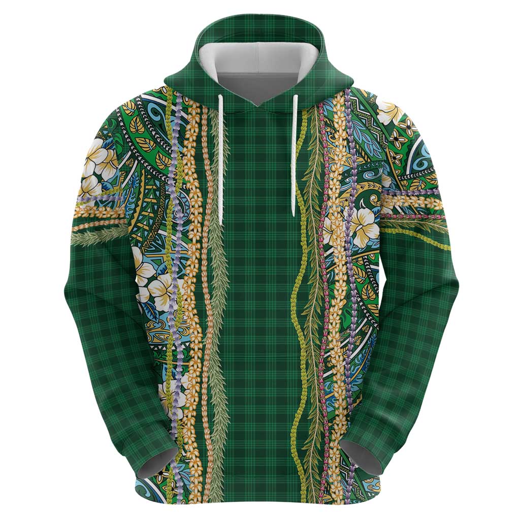 Hawaiian Art Flower Tribal with Lei Hoodie Palaka Pattern Green Color - Polynesian Pride